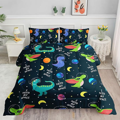 Datura home Dinosaur Space Dinos Comforter Bedding Set for Boys Kids Children,Celestial Bodies Colorful Dinosaur Print Bedding Set with 1 Comforter and 2 Pillowcases(Dinosaur Twin)