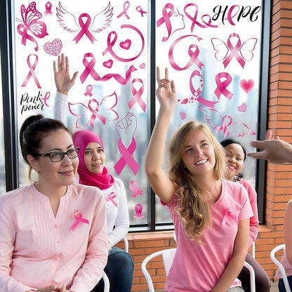 9 Sheets Breast Cancer Awareness Window Clings, 77 Kinds of Pink Window PVC Stickers for Pink Ribbon Decorations, Hope Fight Cancer Theme Windows Decals for Glass Home Decor Supplies