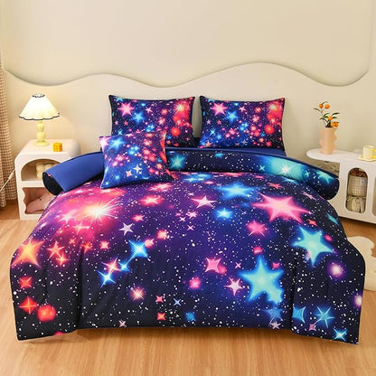 DORCAS Star Full Size Comforter Sets with Sheets for Girls Kids,6 Piece Starry Sky Bedding Set Full,All Season Down Bed in a Bag(Colorful,Full)