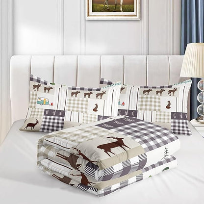 Datura home Happy Camper Comforter Set Rustic Lodge and Camper Deer Printed Quilt Bedding Set with 1 Comforter and 2 Pillowcases for Boys and Girls Bedroom All Season(Camper Queen)