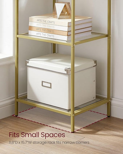 VASAGLE Bookcase, 6-Tier Bookshelf, Slim Shelving Unit for Bedroom, Bathroom, Home Office, Tempered Glass, Steel Frame, Metallic Gold ULGT500A01