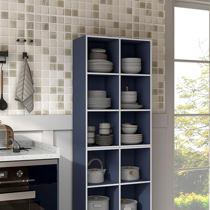 Apexa 6 Cube Storage Organizer Shelves, Stackable Wood Bookcase Fits Cubby Bins for Organization, Dorm Teen Room Decor & Home Office, Steel Blue