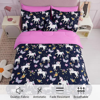 Mooreeke Kids Comforter Bed Set Full Size for s Girls, 8 Pieces Bed in a Bag with Shams, Sheet Set, Purple Pink Unicorn Full Soft Microfiber Kids Comforter Bedding Set