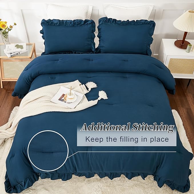 Andency Navy Blue Queen Comforter Set, 3 Pieces Boho Lightweight Solid Bedding Sets for Queen Bed, Fluffy Soft Double Women Men Microfiber Bedding Set