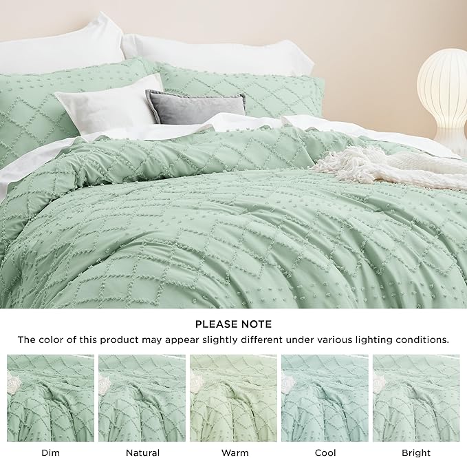Bedsure King Size Comforter Set - Green Boho Comforter, Tufted Shabby Chic Bedding Comforter Set, 3 Pieces Vintage Farmhouse Bed Set for All Seasons, Fluffy Soft Bedding Set with 2 Pillow Shams