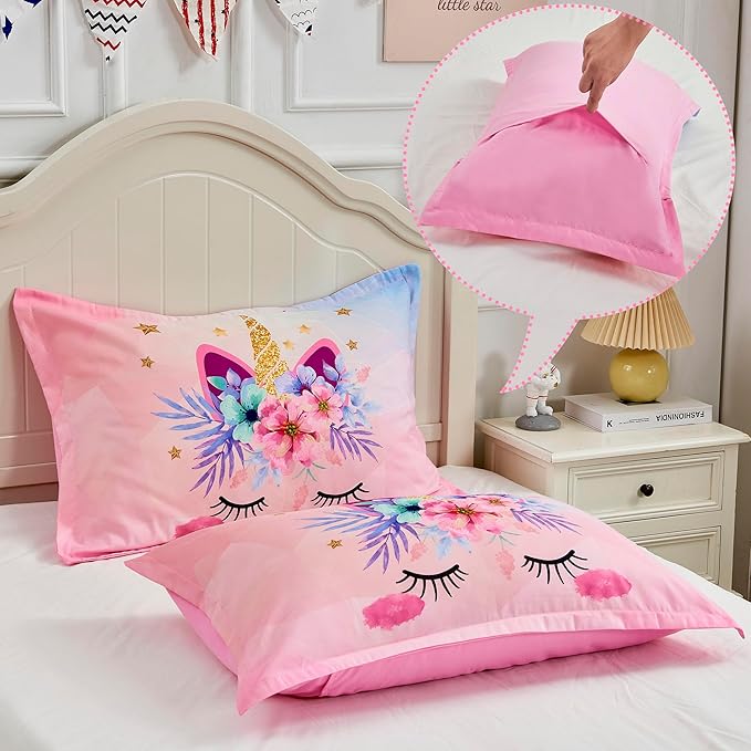 VIVILINEN Twin Size Bedding Set for Girls 3 Piece Pink Unicorn Kids Comforter Set Cartoon Unicorn Flowers Quilt Set Bed in A Bag Lightweight Duvet Bed Set for Kids Teen Girls Women with 2 Pillowcases