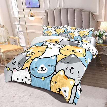 Cat Comforter Set - Cute Cat Comforter - Full Size Comforter Set for Kids Kawaii Cat Bedding Set Cartoon Cat Print Bedding Sets for Girls Room Kids Cat Quilt Sets with 2 Pillowcases