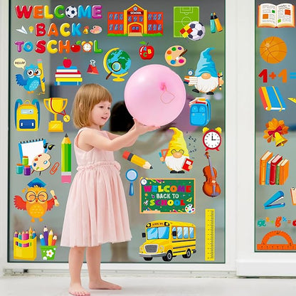 9 Sheets Back to School Window Clings, Double-Sided Window Clings for Classroom, Bus Apple Pencil First Day of School Book Window Stickers for First Day of School Decorations Supplies Decor