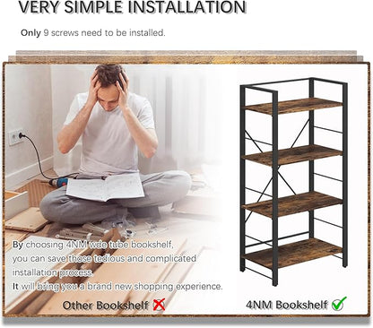 4NM Bookshelf 4 Tier Industrial Bookcase Home Office Adjustable Bookshelves Storage Shelves Organizer Vintage Book Shelf Display Rack for Living Room, Bedroom,Home - Rustic Brown