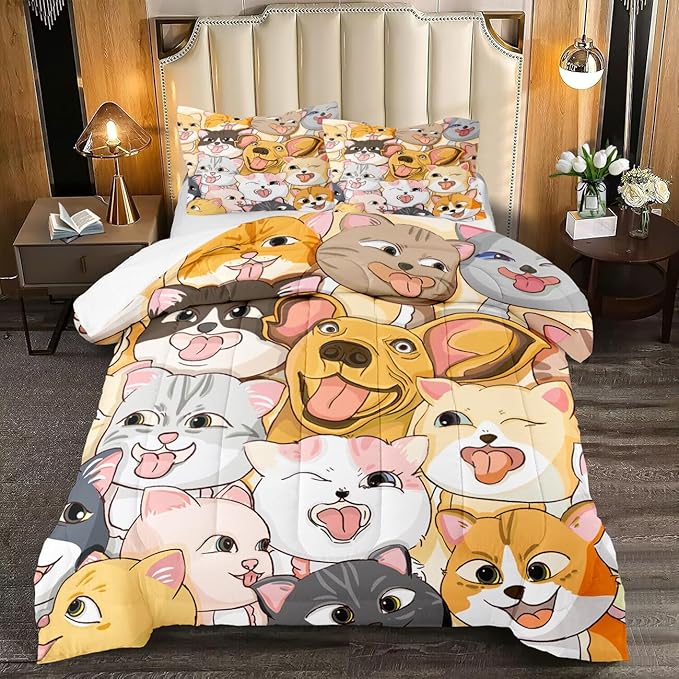 Dogs Bedding Set Queen Size 3Pcs - Cute Cartoon Dog Animal Print Comforter Set for Kids Boys Lightweight Soft Puppy Comforter with 2 Pillowcases All-Season Boys Teens Bedroom Dorm Bedding Decor