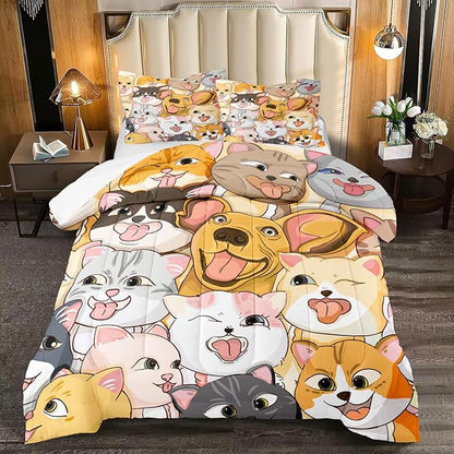 Dogs Bedding Set Queen Size 3Pcs - Cute Cartoon Dog Animal Print Comforter Set for Kids Boys Lightweight Soft Puppy Comforter with 2 Pillowcases All-Season Boys Teens Bedroom Dorm Bedding Decor