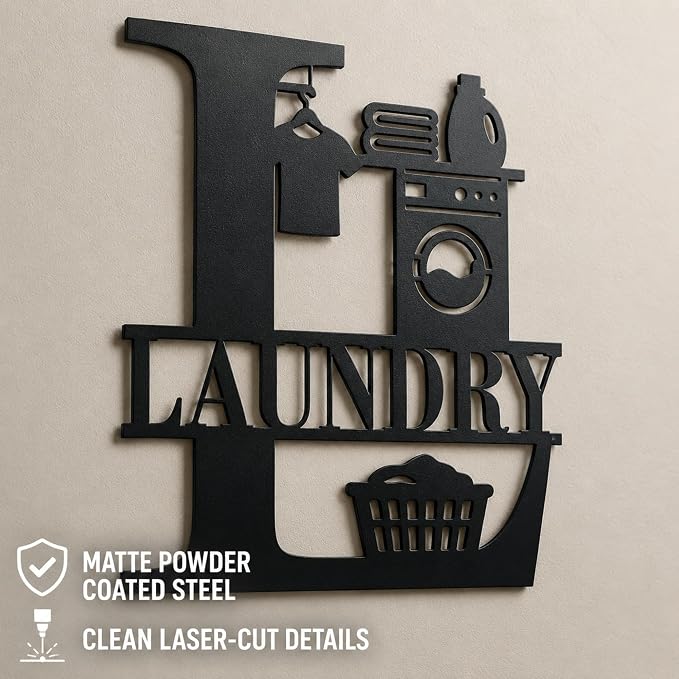 Laundry Room Metal Wall Decor, Farmhouse Laundry Sign, 14 Inch | 14-inch matte black metal laundry room sign with pre-drilled holes for farmhouse, modern, or rustic wall decor.