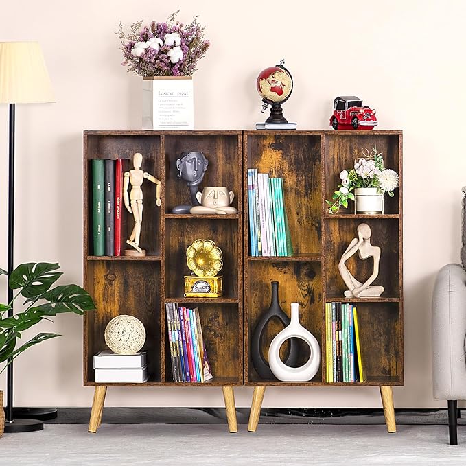 LEYAOYAO 5 Cube Small Bookshelf,3 Tier Mid-Century Bookcase with Legs,Wood Bookshelves Storage Organizer Shelf,Narrow Book Shelves,Brown Bookcases