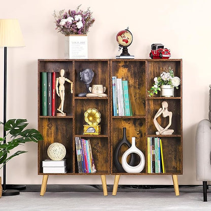 LEYAOYAO 5 Cube Small Bookshelf,3 Tier Mid-Century Bookcase with Legs,Wood Bookshelves Storage Organizer Shelf,Narrow Book Shelves,Brown Bookcases