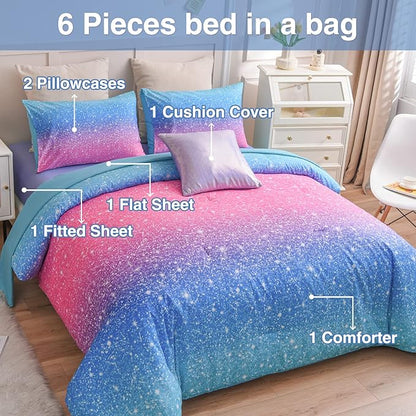 A Nice Night 6Pcs Gradient Glitter Bedding Set for Girls Queen Size, Colorful Rainbow Galaxy Comforter Set, Ultra Soft Bedding Sets, Blue