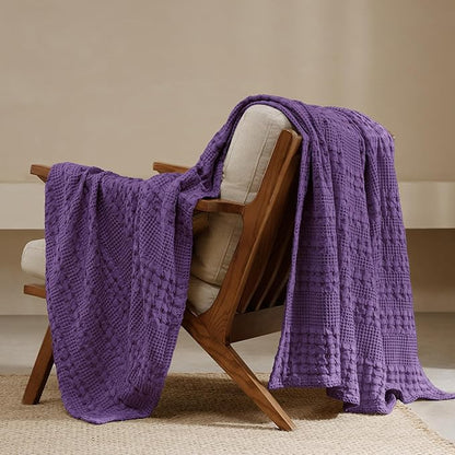 PHF 100% Cotton Waffle Weave Throw Blanket, Soft Lightweight Breathable Cozy Summer Throws for Couch Bed Sofa, Luxury Aesthetic Woven Blanket for Home Decor & Office, 50"x60", Grape