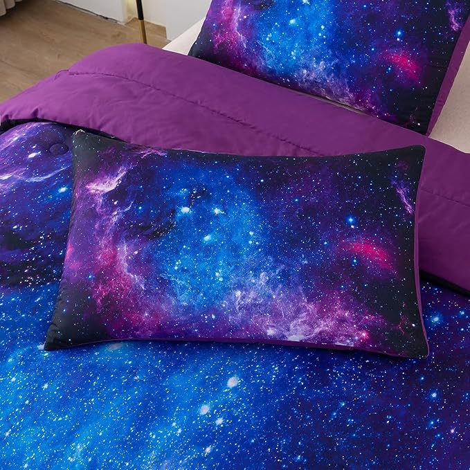 NINENINE Galaxy Bedding 5PCS Full Size Comforter Sets for Girls Space Bedding Set Girls Comforter Sets Full Purple Bedding Sets(1Comforter, 1Flat Sheet, 1Fitted Sheet, 2Pillowcases)…