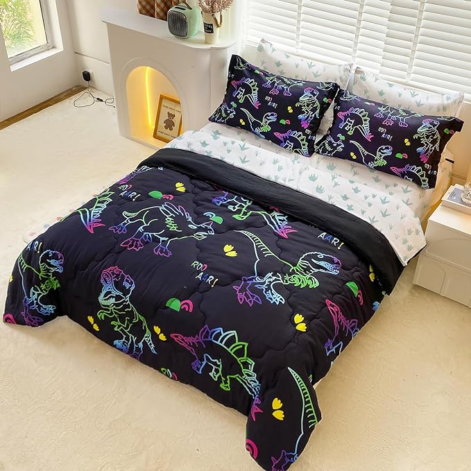 7 Piece Dinosaur Comforter Set -Twin Size for Boys 3D Print Sketch Dinosaur Bedding Set Bed in A Bag for Kids Teens Rainbow-Colored Gradient Line Animal Comforter