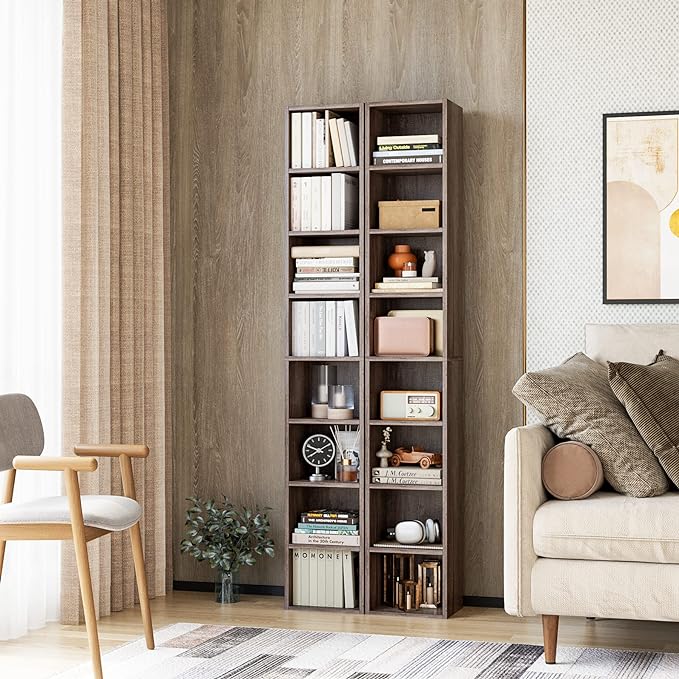 FOTOSOK 8-Tier Media Tower Rack, 11.6 X 9.3 X 70.9 Inches CD DVD Slim Storage Cabinet with Adjustable Shelves, Tall Narrow Bookcase Display Bookshelf for Home Office, Oak