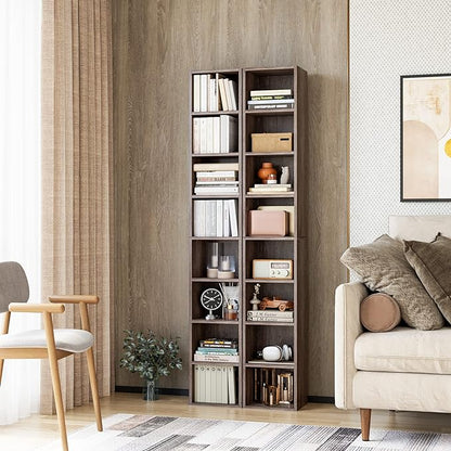 FOTOSOK 8-Tier Media Tower Rack, 11.6 X 9.3 X 70.9 Inches CD DVD Slim Storage Cabinet with Adjustable Shelves, Tall Narrow Bookcase Display Bookshelf for Home Office, Oak