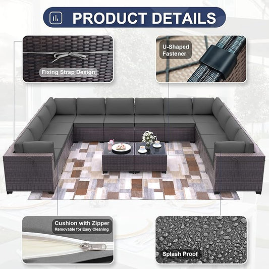 Patio Furniture Set 14-Pieces Outdoor Furniture for Backyard Wicker Sectional Sofa Set, Rattan Patio Conversation Set with Thickened Cushions and Glass Coffee Table, Grey
