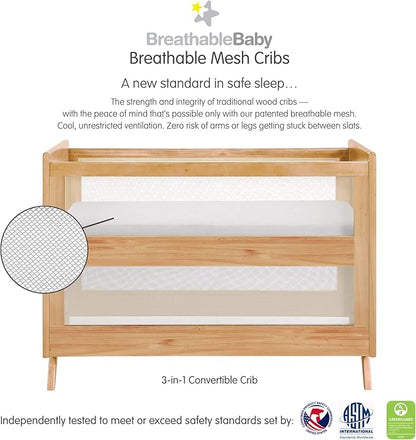 BreathableBaby Breathable Mesh 3-in-1 Convertible Crib (Toddler Bed Kit Sold Separately) — Beech & Chalkboard — Two Adjustable Mattress Heights — Greenguard Gold Certified