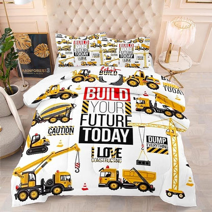 Construction Car Comforter Set Vehicles Truck Cars King Bedding Sets for Boys Cars Printed Quilt with Pillowcase for Teen Children Gift Bedroom Game Décor