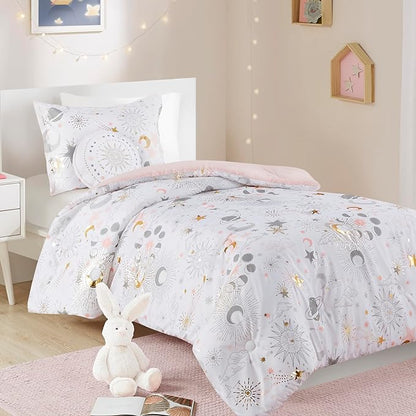 Mi Zone Kids Full Comforter Set, Celestial Metallic Comforter Set Starry Sky, Moon & Sun Comforters, All Seasons Lightweight & Fluffy Comforter Bed Set, 2 Shams, Celia, Full/Queen, Blush/Gold 4 Piece