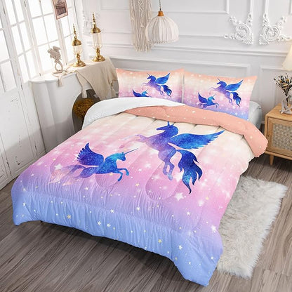 Datura home Bedding Comforter Set Starry Sky Unicorn Printed Pattern Quilt with 1 and 2 Pillowcases for Girls Bedroom All Season(Purple Full) Full 80x90inches