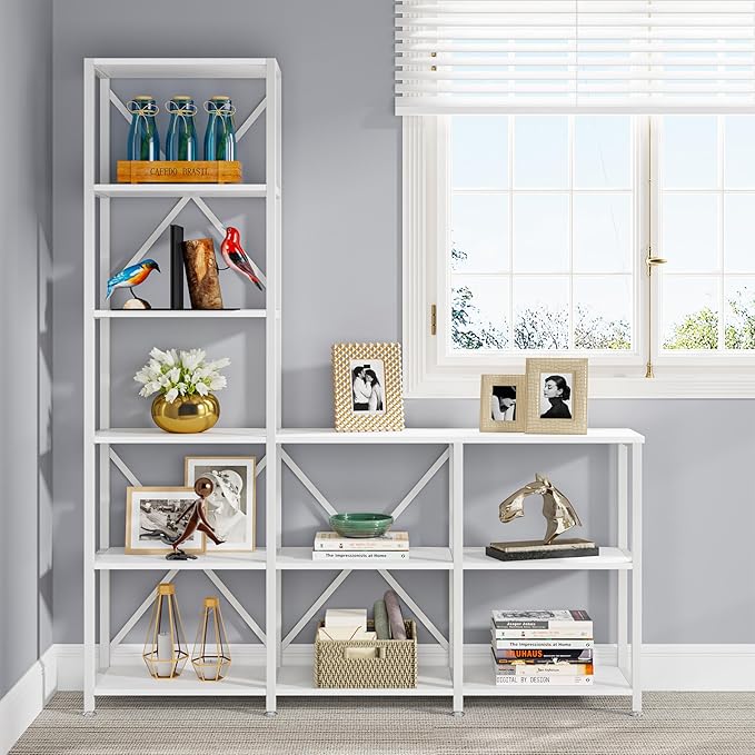 Tribesigns 9 Shelves Bookshelves, Industrial Ladder Corner Etagere Bookcase, Rustic 6-tier Display Open Shelf Storage Organizer for Living Room (White)
