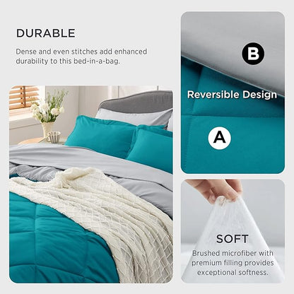 Bedsure Teal California King Size Comforter Set - 7 Pieces Reversible California King Bed in a Bag King Bed Set with Comforters, Sheets, Pillowcases & Shams, California King Bedding Sets