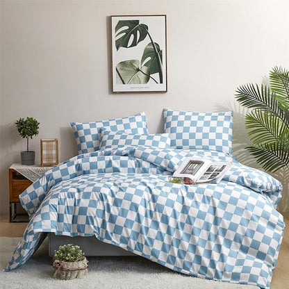 Blue White Grid Comforter Set Cal King Blue Plaid Bedding Set Women Blue and White Checkered Bed Comforter Set Breathable Blanket Set Men Durable Bedding Comforter Set