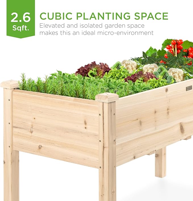 Best Choice Products 34x18x30in Raised Garden Bed, Elevated Wood Planter Box Stand for Kids, Backyard, Patio, Balcony w/Bed Liner, 150lb Capacity - Natural