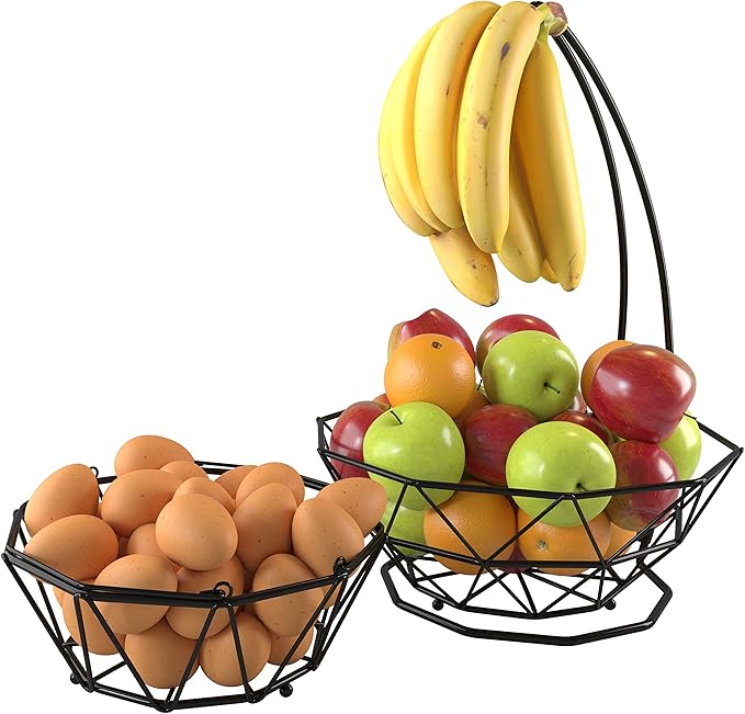 Fruit Basket with Banana Hanger and Fruit Bowl. Kitchen Counter Fruit Bowl with Banana Holder used as Bread, Vegetable or Produce Basket, Egg Holder, 2 Tier