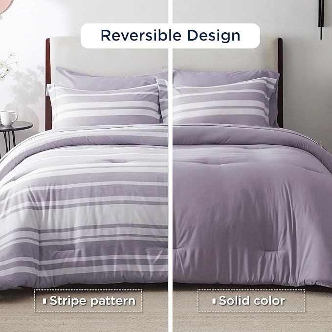 Bedsure Bed in a Bag King Size 7 Pieces, Purple White Striped Bedding Comforter Sets All Season Bed Set, 2 Pillow Shams, Flat Sheet, Fitted Sheet and 2 Pillowcases