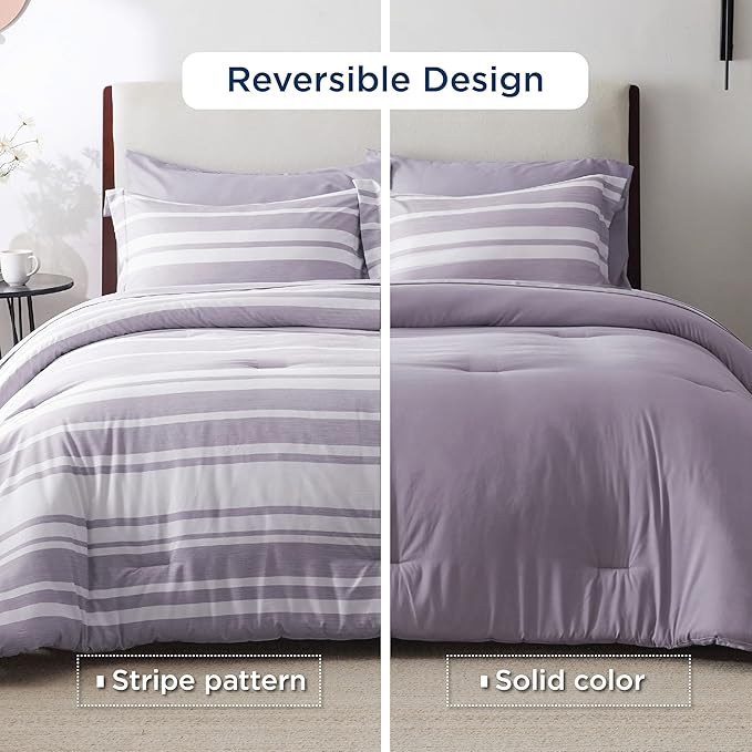 Bedsure Bed in a Bag Full Size 7 Pieces, Purple White Striped Bedding Comforter Sets All Season Bed Set, 2 Pillow Shams, Flat Sheet, Fitted Sheet and 2 Pillowcases