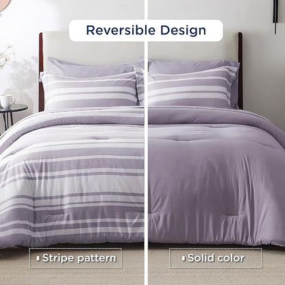 Bedsure Bed in a Bag Queen Size 7 Pieces, Purple White Striped Bedding Comforter Sets All Season Bed Set, 2 Pillow Shams, Flat Sheet, Fitted Sheet and 2 Pillowcases
