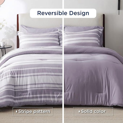 Bedsure Bed in a Bag California King Size 7 Pieces, Purple White Striped Bedding Comforter Sets All Season Bed Set, 2 Pillow Shams, Flat Sheet, Fitted Sheet and 2 Pillowcases