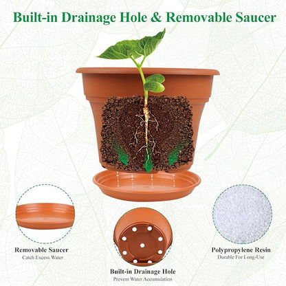8 Inch Plastic-Flower Pot-for-Indoor Plants, 4 Pack Large Outdoor Planter Pot with Drainage Holes & Saucers, Resin Decorative Garden Pots Planters