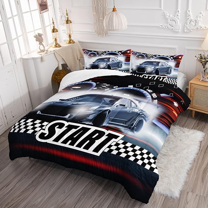 Axolotl Race Car Comforter Set Twin Size,Extreme Sports Bedding Set for Boys Teens Kids Girls Room Decor,Cool Speed Luxury Car Quilt Bed Set with 1 Comforter 2 Pillowcases Car Racing Gifts