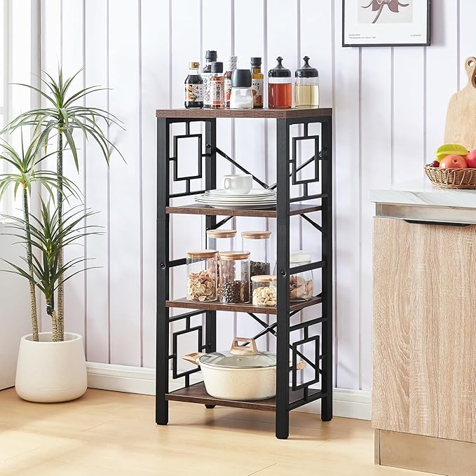 Bookshelf, Vintage Industrial 4 Tier Bookshelf, Freestanding Narrow Bookcase with Rustic Wood and Metal, Small Bookshelf for Home Office, Bedroom & Living Room, Retro Brown