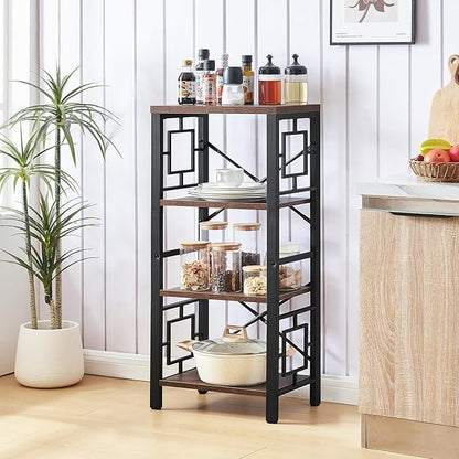 Bookshelf, Vintage Industrial 4 Tier Bookshelf, Freestanding Narrow Bookcase with Rustic Wood and Metal, Small Bookshelf for Home Office, Bedroom & Living Room, Retro Brown
