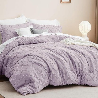 Bedsure Full Size Comforter Set - Lavender Comforter, Boho Tufted Shabby Chic Bedding Comforter Set, 3 Pieces Vintage Farmhouse Bed Set for All Seasons, Fluffy Soft Bedding Set with 2 Pillow Shams