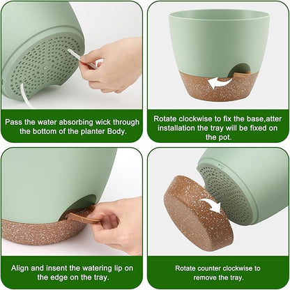 Plant Pots 12/10/9 Inch Self Watering Pots, Set of 3 Plastic Planters with Drainage Holes and Saucers,Plastic Flower Pots,Nursery Planting Pot for Indoor Out Door Plants(Green)