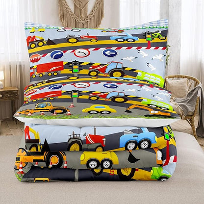 Tailor Shop Construction Vehicle Truck Comforter Set Full Size，Cartoon Excavator Bedding Sets Comforter Cover for Boys Childs Kids Teens ，Tractor Mixer Room Decor with 1 Comforter 2 Pillowcases