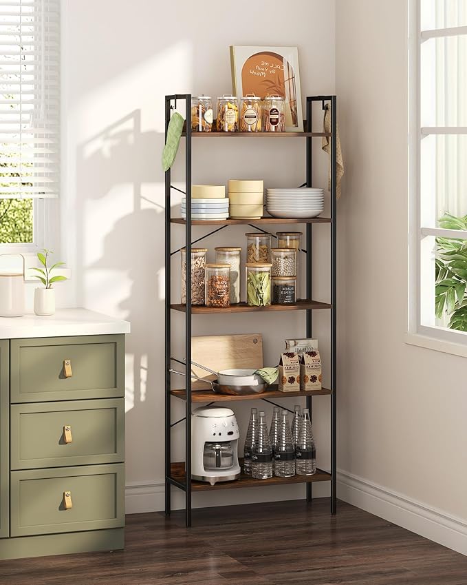 Bookshelf, Book Shelf, Industrial Bookcase with 2 Hooks, Coner Shelf Storage Organizer for Home Office, Living Room, Bedroom, Kitchen, 5-Tier Rustic Brown BC22501B