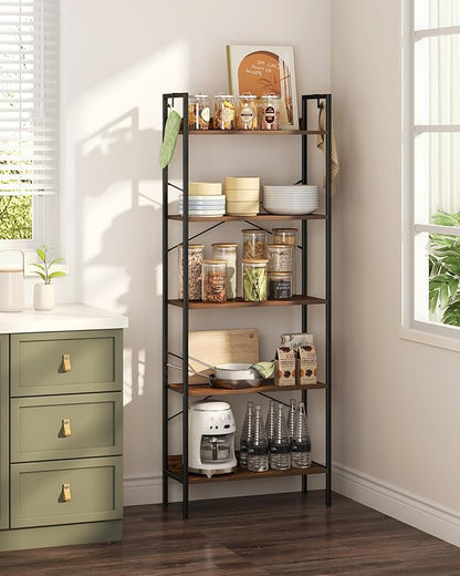 Bookshelf, Book Shelf, Industrial Bookcase with 2 Hooks, Coner Shelf Storage Organizer for Home Office, Living Room, Bedroom, Kitchen, 5-Tier Rustic Brown BC22501B