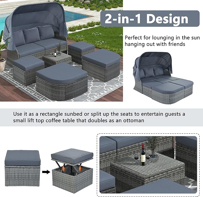 Rectangle Furniture Daybed Sunbed with Retractable Canopy, Outdoor Wicker Conversation Set with Cushions for Patio, Backyard, Porch, Garden, Hc-Gray