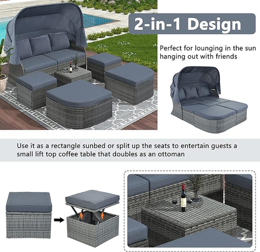 Rectangle Furniture Daybed Sunbed with Retractable Canopy, Outdoor Wicker Conversation Set with Cushions for Patio, Backyard, Porch, Garden, Onesize, Hb-Gray