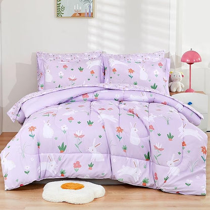 Mooreeke Bed in a Bag for Kids Girls Teens, 7 Pieces Full Size Comforter Bed Set with Shams, Sheet Set, Rabbit Purple Super Soft Microfiber Kids Comforter Bedding Set